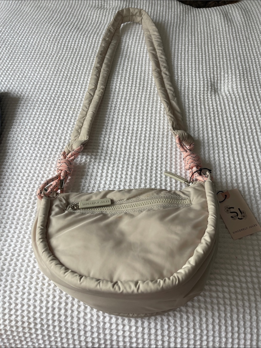 Sincerely Jules Cream Quilted Shoulder Bag with Pink Accent Wraps